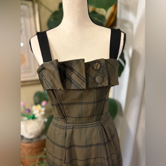 Cue European Fabric Plaid Army Green & Black Plaid Structured Mini Dress - Picture 3 of 9